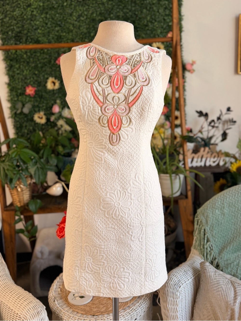 Lilly Pulitzer Cream Mini Dress with Coral & Pink Embroidery